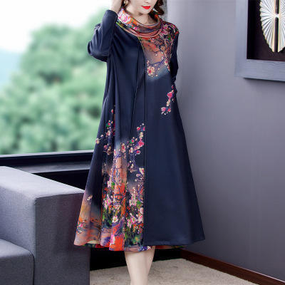 NYL-098812假两件中长款连衣裙2020秋冬新款韩版高领印花宽松大码遮肚中长款 商品图0