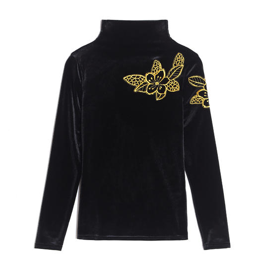 MQQ-6173黑色金丝绒绣花打底衫女2020秋冬新款半高领修身T恤复古长袖上衣 商品图3