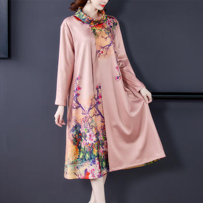 NYL-098812假两件中长款连衣裙2020秋冬新款韩版高领印花宽松大码遮肚中长款 商品图1