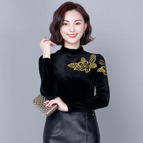 MQQ-6173黑色金丝绒绣花打底衫女2020秋冬新款半高领修身T恤复古长袖上衣