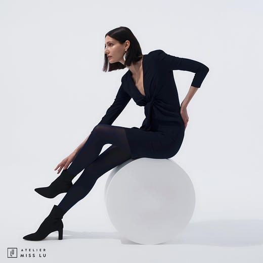 【杰克斯幻想】AtelierMissLu设计师可调领口藏蓝垫肩褶皱连衣裙/0000420C 商品图2