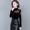 MQQ-6173黑色金丝绒绣花打底衫女2020秋冬新款半高领修身T恤复古长袖上衣 商品缩略图2
