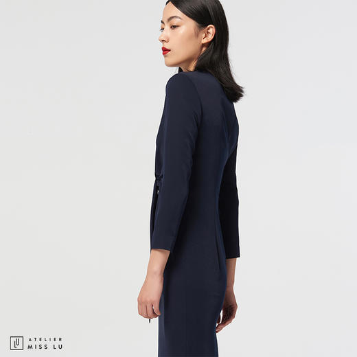 【杰克斯幻想】AtelierMissLu设计师可调领口藏蓝垫肩褶皱连衣裙/0000420C 商品图1