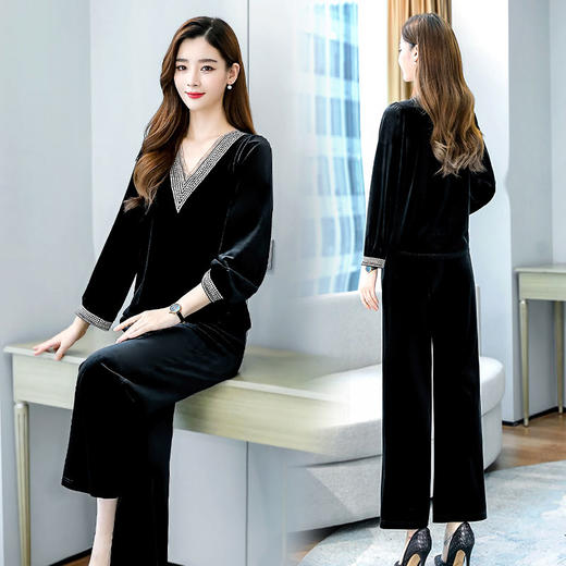 WZNH-OLBN2091秋季新款时尚V领上衣阔腿裤套装 商品图1
