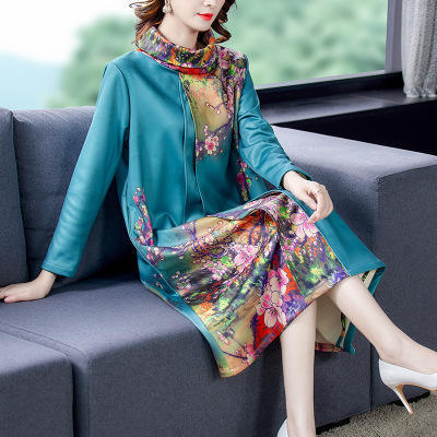 NYL-098812假两件中长款连衣裙2020秋冬新款韩版高领印花宽松大码遮肚中长款 商品图2