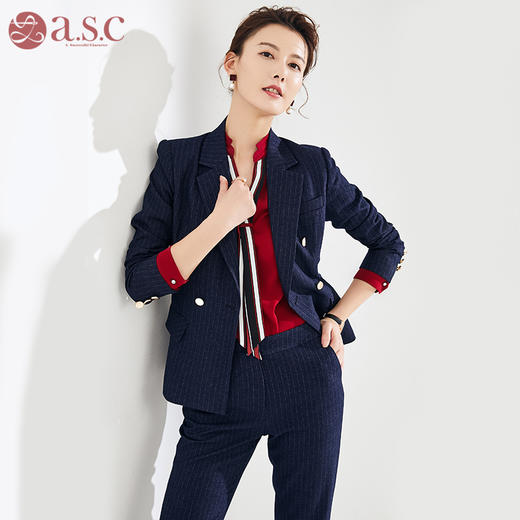 IWY/藏青色条纹长袖西装长裤酒红色衬衫套装CBP0161 商品图0