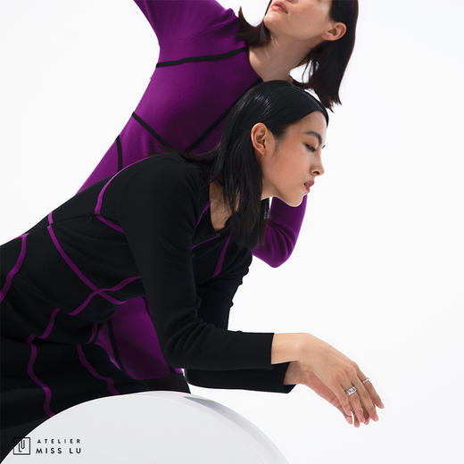 [提线玩偶]AtelierMissLu心机线条黑色撞色绵羊毛修身高弹连衣裙 商品图2