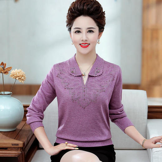 P-dql1919新款时尚翻领重工烫钻针织打底衫 商品图1