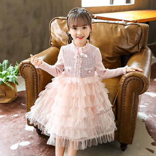 TYG-0F685女童毛衣拼接毛呢裙秋冬半高领儿童针织裙中大童小香风网纱蛋糕裙 商品图0