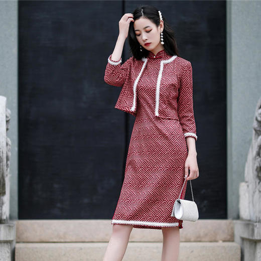 YMGY-84629秋冬新款格子改良旗袍两件套 商品图0