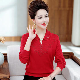 P-dql1919新款时尚翻领重工烫钻针织打底衫