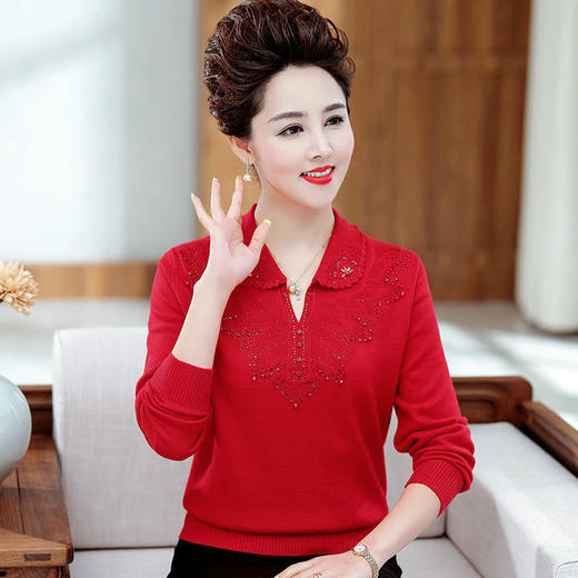 P-dql1919新款时尚翻领重工烫钻针织打底衫 商品图0