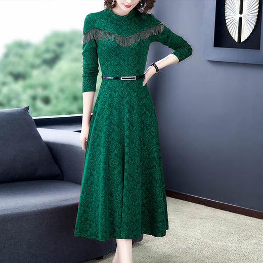 HT-N-A08-6179新款时尚优雅气质收腰显瘦圆领长袖中长款连衣裙 商品图1