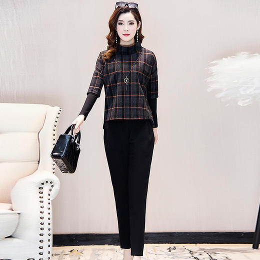 YWE-86170K气质显瘦大码格子长袖卫衣休闲套装 商品图1