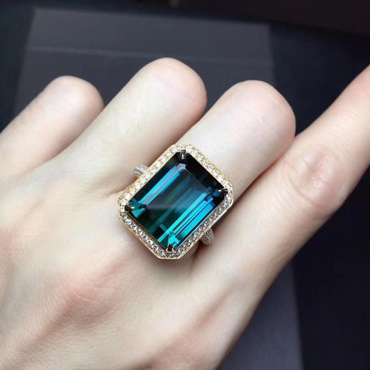 不议退-r高品质蓝碧玺戒指高净度,主石15.2ct,18k金重4.