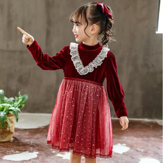 TG-0F996女童洋气连衣裙亮晶晶网纱裙2020秋冬季加绒公主裙儿童金丝绒纱裙 商品图1
