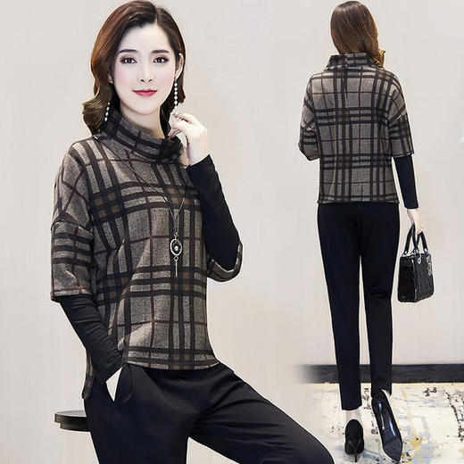 YWE-86170K气质显瘦大码格子长袖卫衣休闲套装 商品图4