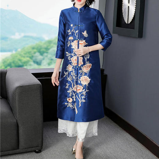 FNZD5050新款中国风优雅气质宽松立领中长款刺绣风衣外套 商品图1