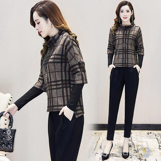 YWE-86170K气质显瘦大码格子长袖卫衣休闲套装 商品图2