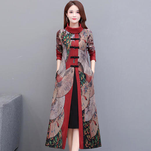 YWE-TYH7039新款优雅气质修身高领长袖仿貂绒印花加厚连衣裙 商品图0