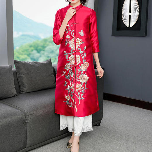 FNZD5050新款中国风优雅气质宽松立领中长款刺绣风衣外套 商品图0