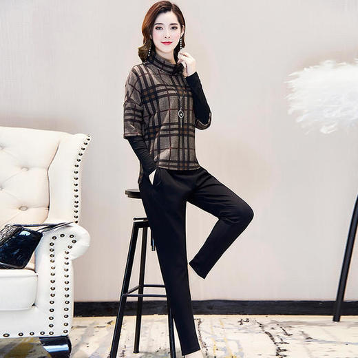 YWE-86170K气质显瘦大码格子长袖卫衣休闲套装 商品图3
