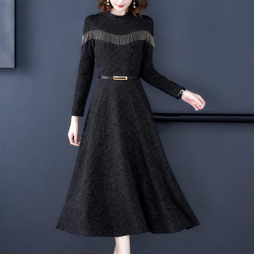 HT-N-A08-6179新款时尚优雅气质收腰显瘦圆领长袖中长款连衣裙 商品图3