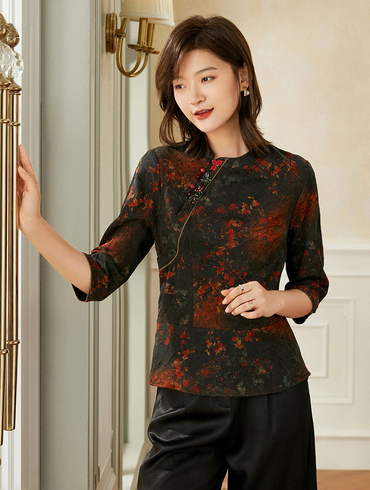 xn 023中式复古印花香云纱桑蚕丝上衣