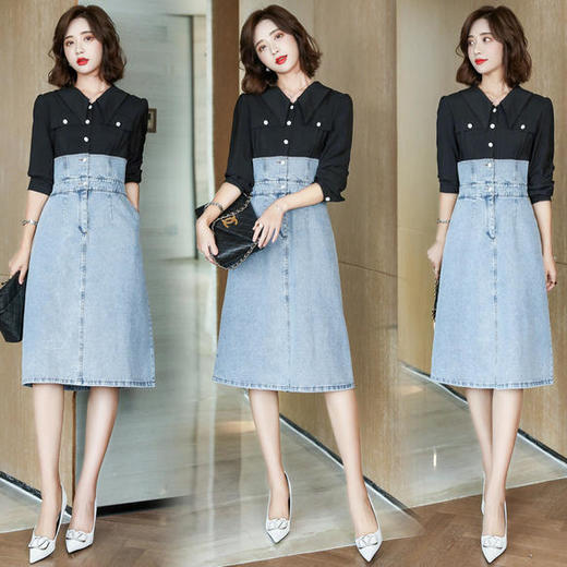 WZNH-HJY2096修身舒适牛仔拼接连衣裙 商品图0