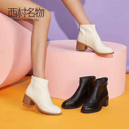 西村名物2020冬季新款及踝靴女真皮时尚粗跟短靴T29DS40131 商品图0