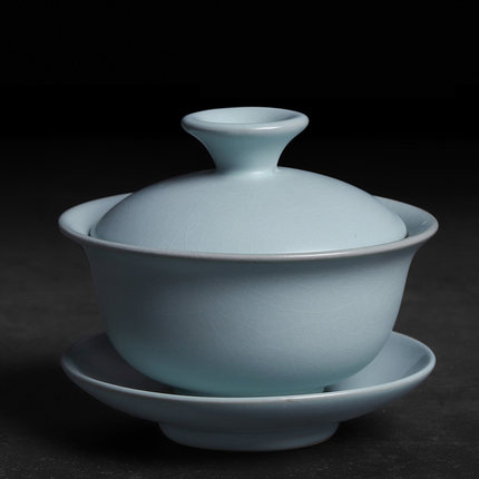 汝窑茶具大盖碗开片泡茶杯蝉翼正品冰裂釉天青色复古三才功夫茶碗