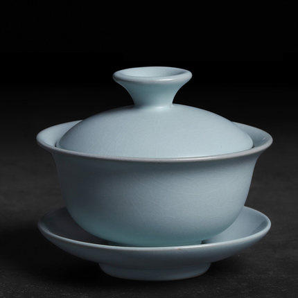 汝窑茶具大盖碗开片泡茶杯蝉翼正品冰裂釉天青色复古三才功夫茶碗 商品图0