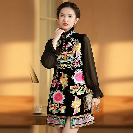 上海旗袍厂AYK-QF-201706219秋冬加厚旗袍裙复古无袖马甲刺绣中长款水貂毛修身连衣裙女 商品图1