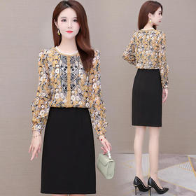 QYM-X7127新款时尚气质修身圆领长袖印花拼接假两件连衣裙