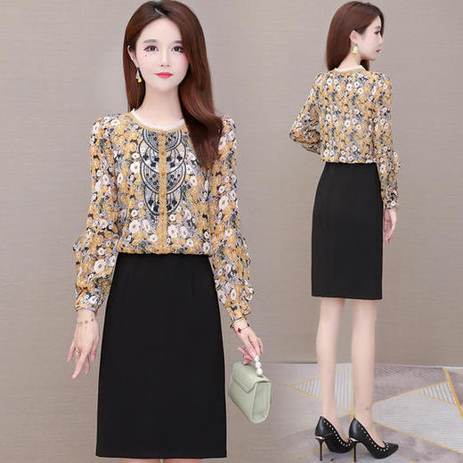 QYM-X7127新款时尚气质修身圆领长袖印花拼接假两件连衣裙 商品图0