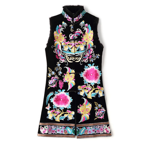 上海旗袍厂AYK-QF-201706219秋冬加厚旗袍裙复古无袖马甲刺绣中长款水貂毛修身连衣裙女 商品图4