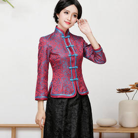 FD-1697379新款民族风优雅修身真丝印花旗袍上衣半身裙两件套