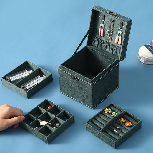 【绒布三层韩版古风手提饰品首饰盒】耳钉珠宝公主礼品收纳整理盒 商品图0