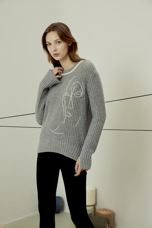  秋冬 时尚手工刺绣圆领厚款羊绒女套衫 SJF91W174N 商品图1