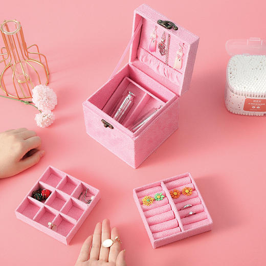 【绒布三层韩版古风手提饰品首饰盒】耳钉珠宝公主礼品收纳整理盒 商品图6