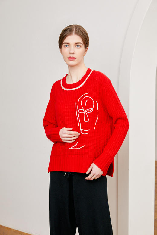  秋冬 时尚手工刺绣圆领厚款羊绒女套衫 SJF91W174N 商品图2