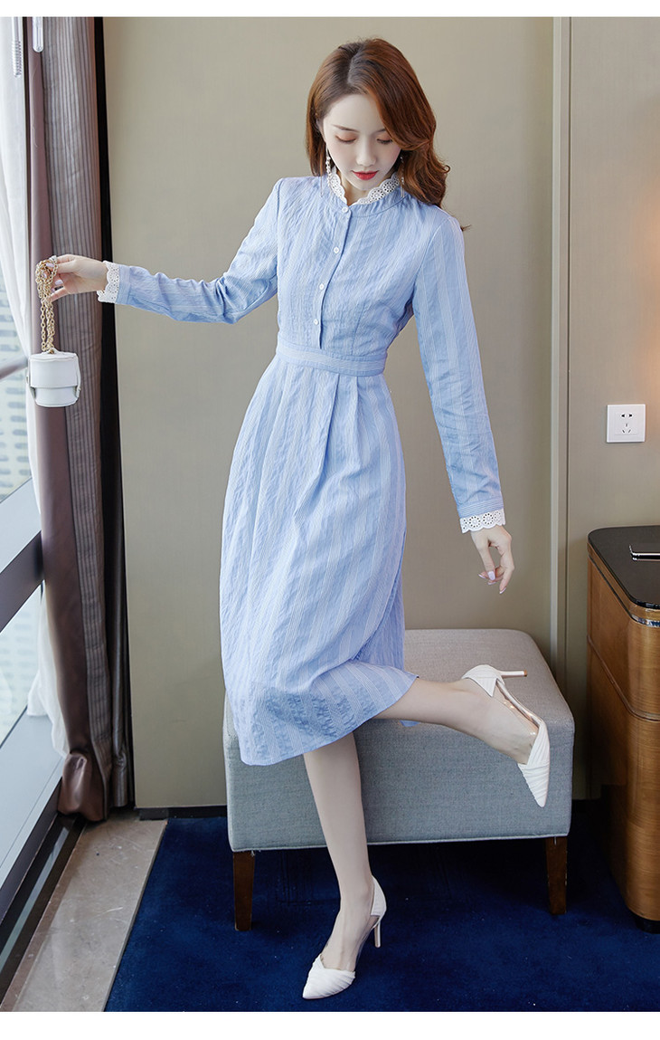 《沫晗依美#秋季新品》中长款气质收腰显瘦条纹衬衣女连衣裙