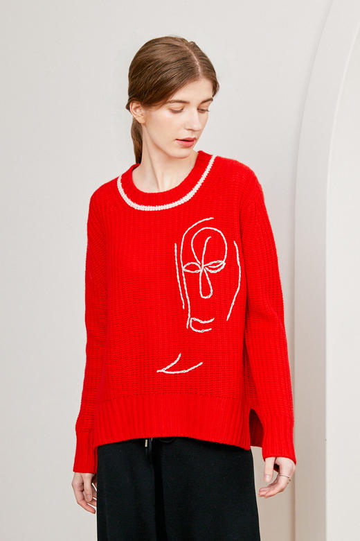  秋冬 时尚手工刺绣圆领厚款羊绒女套衫 SJF91W174N 商品图3