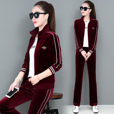 sp218685金丝绒套装女春秋2020新款时尚韩版大码立领开衫运动休闲三