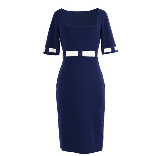 【冬日轨迹 】AtelierMissLu设计师方领藏蓝绵羊毛修身高弹连衣裙 商品图4