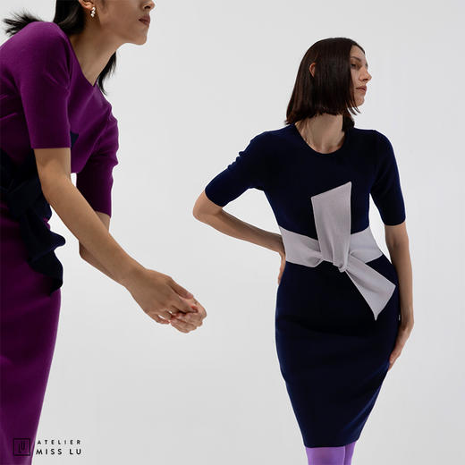 【大叉不差】AtelierMissLu玩味交叉结藏蓝绵羊毛修身高弹连衣裙 商品图2