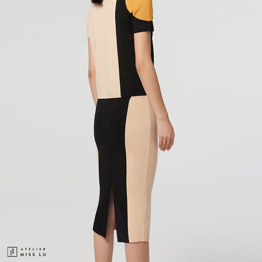 【马赛克黄昏】AtelierMissLu设计师拼色绵羊毛修身高弹半裙 商品图1