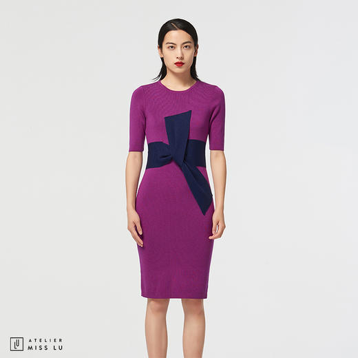 [大叉不差]AtelierMissLu玩味交叉结芍药紫绵羊毛修身高弹连衣裙 商品图0