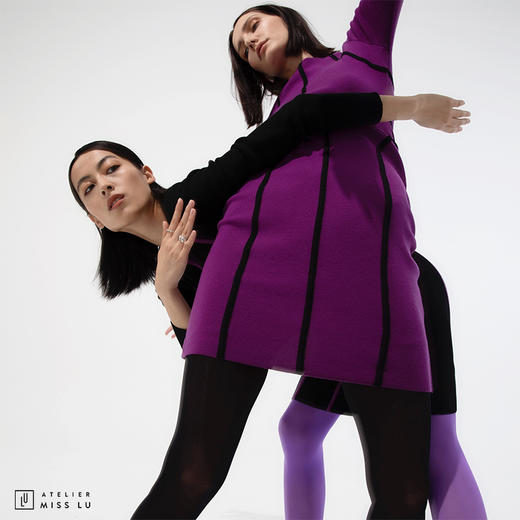 [提线玩偶]AtelierMissLu心机线条芍药紫撞色羊毛修身高弹连衣裙 商品图3