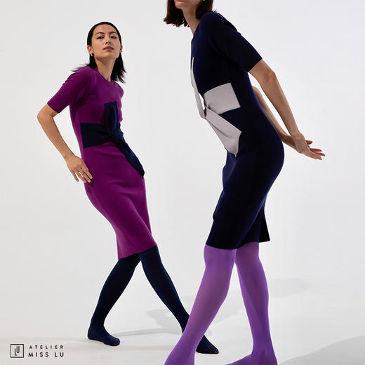[大叉不差]AtelierMissLu玩味交叉结芍药紫绵羊毛修身高弹连衣裙 商品图2